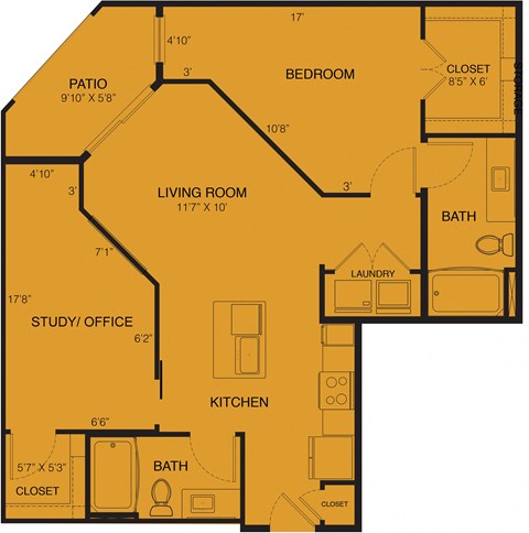 Floor plan for 2 beds, 2 baths, 965 sqft
